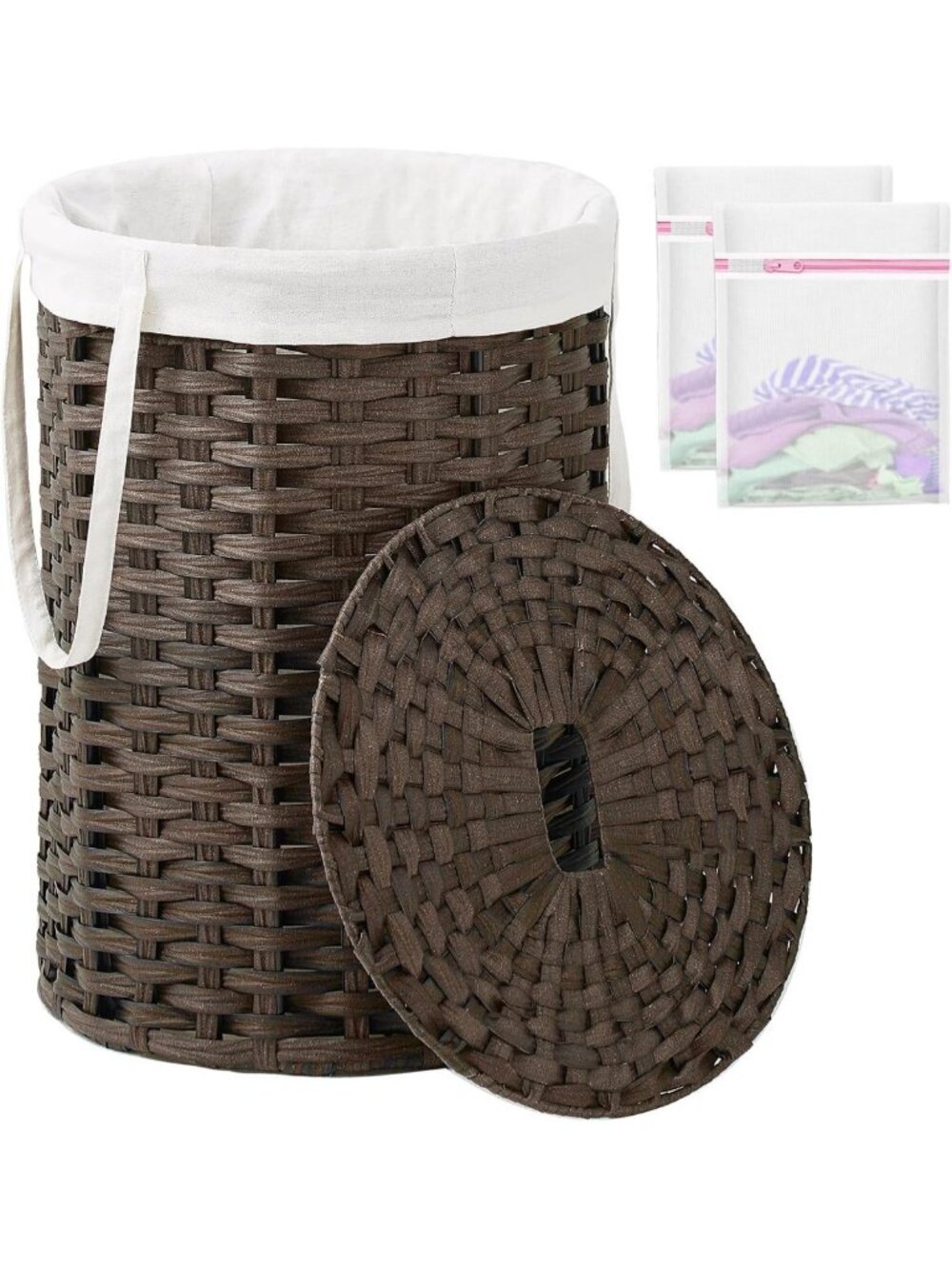 Stylish Round Laundry Hamper with Lid, 19 Gal PE Rattan, Brown - Space-Saving